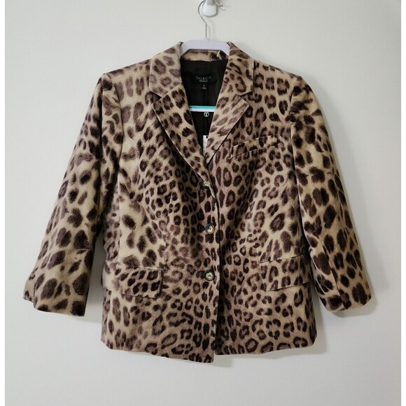 NWT $189 Talbots Womens Fuzzy Animal Print 3/4 Sleeve Jacket beige Brown Size 12 - Picture 2 of 7
